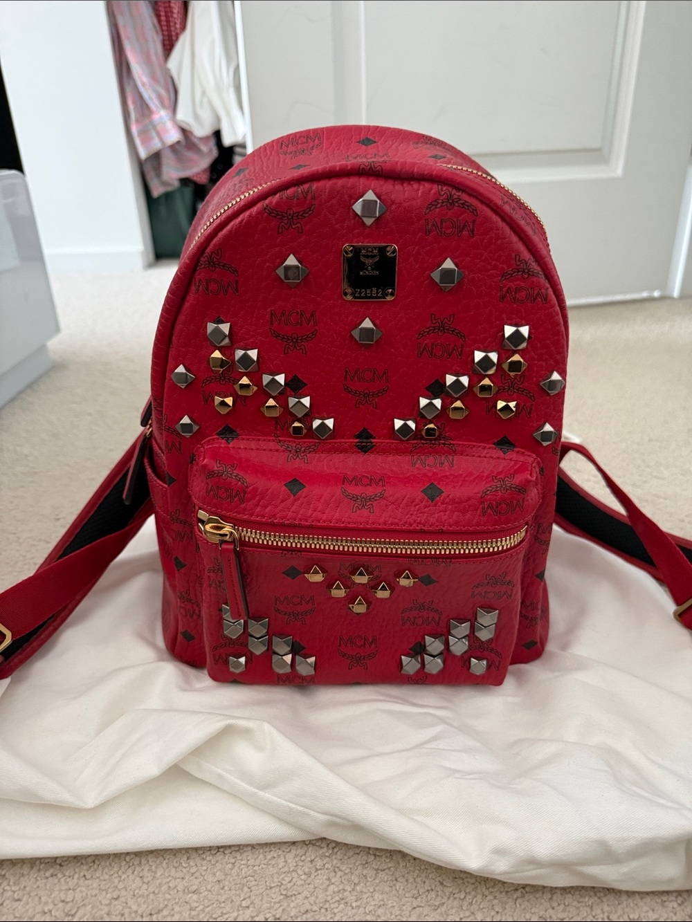 MCM Red Logo Studded Mini Backpack